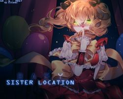circus_baby_(fnaf) balloon bow brown_hair clown collar finger_to_mouth five_nights_at_freddy&#039;s frills gloves green_eyes hair_bow hair_ornament lilianei looking_at_viewer short_hair shushing twintails upper_body