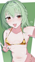 1boy absurdres archi_(aruki) bikini breasts gold_bikini green_hair heart highres looking_at_viewer medium_hair open_mouth otori_tan seitokai_ni_mo_ana_wa_aru! small_breasts swimsuit trap v