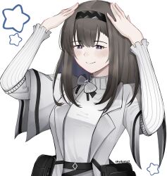 1girl absurdres ah_eto..._bleh_(meme) arknights arms_up black_hair black_hairband blush closed_mouth diamond-shaped_pupils diamond_(shape) dr.deims_(dim5s) grey_jacket grey_sweater hairband hands_on_own_head highres jacket lapels long_sleeves looking_at_viewer medium_hair meme open_clothes open_jacket priestess_(arknights) purple_eyes simple_background smile solo star_(symbol) sweater symbol-shaped_pupils turtleneck turtleneck_sweater twitter_username upper_body white_background