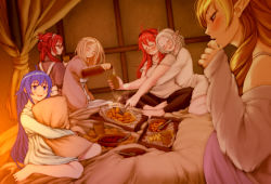 6+girls a_sam_ko_(artist) bed blue_eyes blue_hair blush drunk elf elinalise_dragonroad eris_greyrat female_focus grandmother_and_granddaughter highres hugging_object lillia_greyrat long_hair matching_hair/eyes multiple_girls mushoku_tensei pillow pillow_hug pointy_ears pregnant red_hair roxy_migurdia sylphiette_(mushoku_tensei) zenith_greyrat