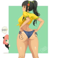 2girls :o absurdres anya_(spy_x_family) ass back black_hair brazilian_miku brazilian_miku_(cosplay) breasts child cosplay crop_top flower from_behind green_eyes green_hairband hair_flower hair_ornament hairband hatsune_miku high_ponytail highres large_breasts looking_at_another looking_at_viewer looking_back micro_shorts mother_and_daughter multiple_girls pink_hair ponytail red_eyes shirt shorts solo_focus spoken_object spy_x_family srlmao tan tanline tied_shirt yellow_shirt yor_briar