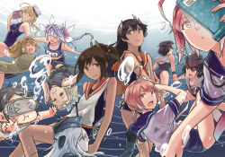 Rule 34 | air bubble, black hair, blonde hair, blowing bubbles, blue hair, blue one-piece swimsuit, blue sailor collar, brown hair, bubble, cellphone, commentary request, dark-skinned female, dark skin, diving mask, freediving, garrison cap, goggles, grin, hat, headgear, highres, i-13 (kancolle), i-14 (kancolle), i-168 (kancolle), i-19 (kancolle), i-26 (kancolle), i-400 (kancolle), i-401 (kancolle), i-58 (kancolle), i-8 (kancolle), kantai collection, light brown hair, long hair, looking at viewer, luigi torelli (kancolle), maru-yu (kancolle), name tag, one-piece swimsuit, orange sailor collar, phone, sailor collar, sailor shirt, school swimsuit, school uniform, sebas murasaki, shirt, short hair, sleeveless, sleeveless shirt, smile, swimsuit, swimsuit under clothes, twintails, u-511 (kancolle), underwater, white sailor collar, white shirt
