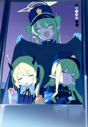 3girls black_dress black_jacket blanket blonde_hair blue_archive blue_hat closed_eyes cream cream_on_face demon_girl demon_horns dress fang food food_on_face green_hair hair_between_eyes hat hikari_(blue_archive) holding holding_blanket horns ibuki_(blue_archive) jacket long_hair looking_at_viewer multiple_girls nozomi_(blue_archive) okashi_please open_mouth parfait peaked_cap pointy_ears red_ribbon ribbon shirt side_ponytail sidelocks skin_fang sleeping triangle_mouth twintails white_shirt yellow_eyes