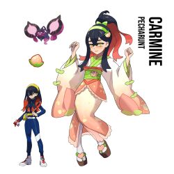absurdres alternate_costume alternate_hairstyle berry_(pokemon) black_hair blush carmine_(pokemon) character_name closed_mouth colored_inner_hair commentary crossed_bangs english_commentary hair_between_eyes high_ponytail highres japanese_clothes kimono long_hair long_sleeves mole mole_under_eye multicolored_hair nintendo obi official_art_inset official_style pecha_berry pecharunt pokemon pokemon_(creature) pokemon_sv ponytail red_hair reference_inset rhymewithray sash simple_background white_background wide_sleeves yellow_eyes