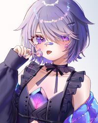 1girl bandaid bandaid_on_cheek bandaid_on_face bandaid_on_nose black_shirt candy chest_jewel food grey_hair hair_flaps hair_ornament hairpin highres holding holding_candy holding_food holding_lollipop hololive hololive_english jewel_under_eye koseki_bijou koseki_bijou_(casual) lollipop looking_at_viewer official_alternate_costume official_alternate_hair_length official_alternate_hairstyle purple_eyes sein_025 shirt short_hair smile solo tongue tongue_out virtual_youtuber