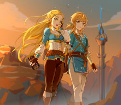 Rule 34 | 1boy, 1girl, absurdres, animal ears, belt, blonde hair, blue eyes, blue shirt, blue tunic, boots, braid, brown belt, brown boots, brown gloves, brown pants, champion&#039;s tunic (zelda), closed mouth, commentary request, crown braid, feet out of frame, fingerless gloves, gloves, green eyes, highres, holding, layered sleeves, link, long hair, long sleeves, nintendo, open mouth, orange sky, outdoors, pants, pointy ears, ponytail, princess zelda, sheikah slate, shirt, short hair, short over long sleeves, short ponytail, short sleeves, sky, smile, standing, teeth, the legend of zelda, the legend of zelda: breath of the wild, tower, tunic, upper teeth only, wufaxianshi cnd