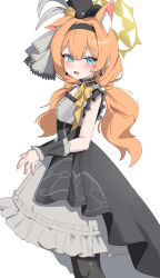 Rule 34 | 1girl, absurdres, animal ear fluff, animal ears, black choker, black dress, black hat, blue archive, blue eyes, blush, cat ears, cat girl, center frills, choker, commentary, d (delt4), dress, earrings, extra ears, feather hair, feet out of frame, flower, frilled choker, frilled dress, frills, from side, grey dress, hair between eyes, halo, hat, hat flower, highres, idol, idol clothes, jewelry, long hair, looking at viewer, low twintails, mari (blue archive), mari (idol) (blue archive), official alternate costume, official alternate hairstyle, open mouth, orange hair, own hands together, rose, simple background, sleeveless, sleeveless dress, solo, standing, steepled fingers, top hat, twintails, two-tone dress, white background, yellow flower, yellow halo, yellow rose