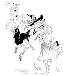 &gt;_&lt; 2girls alice_margatroid blush broom broom_riding closed_eyes commentary dress floating_hair greyscale hairband hat highres kirisame_marisa kiss long_hair long_sleeves medium_hair monochrome multiple_girls sesmkun shoes short_sleeves skirt socks sweatdrop tiptoes touhou witch_hat yuri