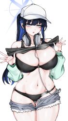 1girl bare_shoulders baseball_cap bikini black_bikini black_hair blue_archive blue_eyes blue_hair blush breasts clothes_lift curvy denim denim_shorts freedom_(aass5404) halo hat headphones headphones_around_neck highres large_breasts long_sleeves looking_at_viewer navel off_shoulder open_clothes open_mouth saori_(blue_archive) shirt_lift short_shorts shorts simple_background solo stomach swimsuit thick_thighs thighs white_background wide_hips