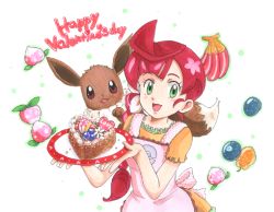 1girl apron berry_(pokemon) braid brown_dress cake chloe_(pokemon) cowboy_shot dress eevee food gen_1_pokemon green_eyes hair_ornament hair_scrunchie hands_up happy_valentine heart heart-shaped_cake heart-shaped_food holding holding_plate long_braid long_hair maroon_hair nanab_berry nintendo open_mouth oran_berry pecha_berry plate pokemon pokemon_(anime) pokemon_(creature) pokemon_journeys scrunchie short_sleeves side_braid smile white_background zao_(beans-alliance)