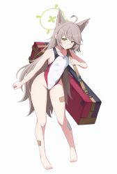 1girl absurdres ahoge barefoot blue_archive breasts closed_mouth commentary_request full_body green_eyes green_halo grey_hair halo highres kuromiz legs long_hair looking_at_viewer otogi_(blue_archive) simple_background small_breasts smile solo standing thighs white_background