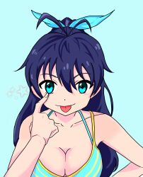 1girl absurdres ahoge antenna_hair aqua_background aqua_bikini aqua_eyes armpits artist_request bikini black_hair bow breasts cleavage clenched_hand eyelashes female_focus finger_to_eye fingernails ganaha_hibiki hair_between_eyes hair_bow hair_ornament hand_on_own_hip hand_up high_ponytail highres idolmaster idolmaster_(classic) index_finger_raised light_blush long_hair looking_at_viewer medium_breasts namco ponytail sidelocks simple_background smile swimsuit tongue tongue_out upper_body wide_ponytail