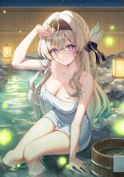 1girl alternate_costume bare_legs brown_hair candle firefly_(honkai:_star_rail) hair_ribbon hairband honkai:_star_rail honkai_(series) looking_at_viewer mellozzo night night_sky onsen purple_eyes ribbon sky solo towel
