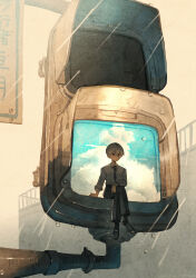 1boy absurdres arm_on_own_leg arm_support black_necktie black_pants black_shoes black_socks blue_sky bright_pupils brown_eyes building closed_mouth cloud collared_shirt commentary_request crossed_bangs crossed_legs cumulonimbus_cloud dot_mouth dress_shirt hair_between_eyes highres jimini_shijimi long_bangs long_sleeves mini_person necktie no_nose original outdoors overcast pants railing rain shirt shoes short_hair sign sitting sky socks solo traffic_light unamused white-haired_man_(jimini_shijimi) white_hair white_pupils white_shirt wide_shot