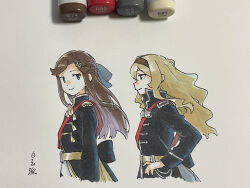 Rule 34 | 2girls, absurdres, art tools in frame, back bow, belt, black bow, black hairband, black jacket, blonde hair, blue bow, bow, brown eyes, brown hair, collared jacket, commentary request, cropped torso, dot nose, epaulettes, eyebrows hidden by hair, from side, gold belt, gold trim, grey eyes, hair between eyes, hair bow, hair ornament, hairband, hairclip, hands on own hips, highres, jacket, long hair, long sidelocks, long sleeves, looking at another, looking back, marker, marker (medium), multiple girls, parted bangs, photo (medium), red sash, saijou claudine, sash, shiratama (hockey), shoujo kageki revue starlight, sidelocks, signature, silver trim, smile, tassel, tendou maya, traditional media, wavy hair, x hair ornament