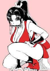 1girl 2025 arm_guards arm_support bare_shoulders black_hair breasts cleavage closed_mouth commentary english_commentary fatal_fury female_focus folded_fan folding_fan hand_fan hand_on_own_thigh high_ponytail highres holding holding_fan japanese_clothes large_breasts light_smile logo long_hair looking_at_viewer mouth_hold ninja no_bra pelvic_curtain piyo_g ponytail red_eyes red_theme revealing_clothes rope shiranui_mai smile snk solo spot_color squatting stirrup_legwear the_king_of_fighters thighs toeless_legwear toes