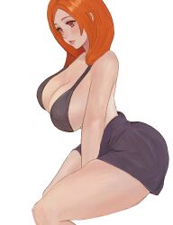 ai-assisted alternate_eye_color bare_shoulders bleach breasts heyy_vivii highres inoue_orihime large_breasts light_blush lips long_hair orange_eyes orange_hair parted_lips simple_background sitting thighs white_background