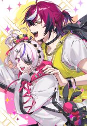 Rule 34 | 1boy, 1girl, :d, absurdres, ahoge, antenna hair, arm up, basketball jersey, black choker, black hair, black jacket, black nails, bow, bracelet, chain, chain necklace, choker, cross-laced clothes, cross-laced sleeves, crossed bangs, doppio dropscythe, drawstring, drop shadow, eyebrow piercing, eyelashes, eyepatch, face piercing, fangs, fingernails, gold necklace, green eyes, hair between eyes, hair bow, hair ornament, hairband, hairclip, half updo, hand on another&#039;s shoulder, hand up, hashtag-only commentary, heart, heart ahoge, highres, holding, holding jacket, holding unworn clothes, hood, hood down, hoodie, jacket, jewelry, kaohom503, lace-up sleeves, long sleeves, looking at viewer, maria marionette, medium hair, multicolored eyes, multicolored hair, nail polish, national basketball association, necklace, nijisanji, nijisanji en, one eye covered, open mouth, parted bangs, piercing, pink bow, pink hair, pink ribbon, pom pom (clothes), purple eyes, purple hair, ribbon, san antonio spurs, shirt, short sleeves, side ponytail, sidelocks, sir ventrilo (maria marionette), sleeves past wrists, smile, sparkle, sticker, streaked hair, stuffed animal, stuffed rabbit, stuffed toy, tassel, teeth, unworn jacket, upper teeth only, virtual youtuber, white background, white hair, white hoodie, white shirt, yellow eyes, yellow hairband