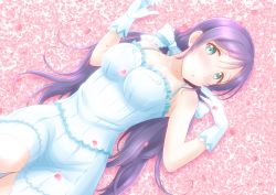 10s 1girl aqua_eyes bare_shoulders blush breasts ckst female_focus from_above gloves green_eyes long_hair looking_at_viewer love_live! love_live!_school_idol_festival love_live!_school_idol_project lying on_back purple_hair solo tojo_nozomi