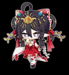 1girl ahoge alternate_breast_size black_background black_hair chibi chibi_only flat_chest gohei hair_ornament hair_rings hair_stick haitai_(haitai_umita) haitai_umita headdress highres holding holding_gohei indie_virtual_youtuber mole mole_under_eye nontraditional_miko pointy_ears purple_eyes red_ribbon red_skirt ribbon skirt smile solo