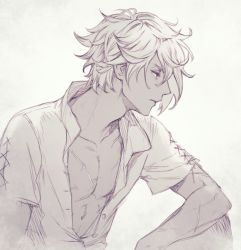 1boy commentary_request grey_background lace-up_sleeves male_focus octopath_traveler octopath_traveler_i partially_unbuttoned satou_kivi scar scar_on_arm scar_on_chest shirt short_hair short_sleeves sketch solo therion_(octopath_traveler) upper_body