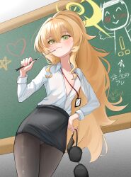 Rule 34 | 1girl, absurdres, alternate costume, alternate hairstyle, black pantyhose, black skirt, blonde hair, blue archive, blush, bra, closed mouth, fluffy hair, green eyes, green halo, hair between eyes, halo, hand on own hip, highres, holding, holding bra, holding pointer, holding underwear, holding unworn clothes, id card, long hair, looking at viewer, no bra, panties, panties under pantyhose, pantyhose, pointer, ponytail, professor niyaniya (blue archive), professor niyaniya (teacher) (blue archive), shirt, sidelocks, skirt, smile, solo, taeman, underwear, white shirt