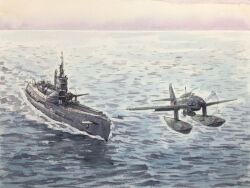 Rule 34 | aircraft, aircraft catapult, airplane, atelier bono, commentary request, floatplane, highres, i-400 (submarine), imperial japanese navy, m6a seiran, military, military vehicle, no humans, ocean, original, outdoors, painting (medium), propeller, propeller fighter, seaplane, ship, submarine, traditional media, vehicle focus, warship, watercolor (medium), watercraft, waves
