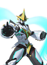 3d aqua_eyes aqua_sclera armor aura black_armor blue_aura clenched_hand colored_sclera dynamic_pose fukuda_tomonori full_body gauntlets glowing glowing_eye glowing_lines gold_trim gunvarrel helmet highres kidou_battle_gunvarrel mecha mecha_focus mechanical_hands no_humans non-web_source official_art open_hand outstretched_arm reaching reaching_towards_viewer robot robotics;notes science_adventure science_fiction simple_background solo standing v-fin white_armor white_background