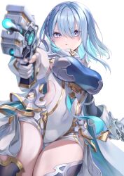 1girl absurdres aiming akami770 armor blue_eyes blue_hair bodysuit braid breasts clothing_cutout colored_inner_hair commentary covered_navel dreizehn_(shadowverse) dual_wielding gloves gold_trim gun hair_between_eyes highres holding holding_gun holding_weapon large_breasts looking_at_viewer multicolored_hair open_mouth partially_fingerless_gloves pointing pointing_at_viewer shadowverse shadowverse:_worlds_beyond short_hair shoulder_armor simple_background solo thighs weapon white_background white_gloves