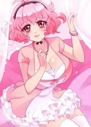1girl absurdres ahoge bead_bracelet bead_necklace beads bed bracelet breasts cleavage cowboy_shot crush_crush dress elle_(crush_crush) highres jewelry large_breasts nail_polish necklace pillow pink_dress pink_eyes pink_hair pink_lips short_hair smile solo thighhighs white_thighhighs yukilumino
