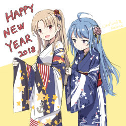 Rule 34 | 2girls, :d, ahoge, alternate costume, azur lane, bad id, bad pixiv id, cleveland (azur lane), cnm, floral print, happy new year, helena (azur lane), japanese clothes, kimono, long hair, multiple girls, new year, open mouth, print kimono, simple background, smile