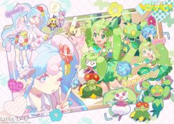2girls bellossom booota comfey creatures_(company) english_text fairy_miku_(project_voltage) game_freak gen_2_pokemon gen_5_pokemon gen_7_pokemon grass_miku_(project_voltage) hatsune_miku maractus multiple_girls nintendo official_art outside_border pink_shoes plaid_clothes plaid_skirt pokemon project_voltage ribombee second-party_source shoes skirt steenee v v_over_mouth vocaloid