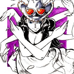 1girl absurdres blue_eyes breasts cleavage closed_mouth commentary cowboy_hat devil_fruit_power english_commentary extra_arms hat highres long_hair looking_at_viewer maeca_art nico_robin one_piece orange-tinted_eyewear purple_background sarong short_sleeves sidelocks smile solo tinted_eyewear