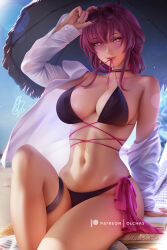 1girl artist_name bare_shoulders beach_umbrella bikini blush breasts choker earrings eyewear_on_head honkai:_star_rail honkai_(series) jewelry kafka_(honkai:_star_rail) large_breasts long_hair long_sleeves looking_at_viewer navel olchas purple_eyes purple_hair round_eyewear solo sunglasses swimsuit thigh_strap thighs umbrella