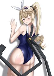1girl against_wall alternate_costume ass bare_shoulders blonde_hair blush breasts come_hither euglena from_behind girls&#039;_frontline girls&#039;_frontline_2:_exilium green_eyes green_hair hair_ribbon long_hair looking_at_viewer looking_back medium_breasts multicolored_hair naughty_face official_alternate_costume one-piece_swimsuit one_eye_closed ribbon sharkry_(girls&#039;_frontline_2) sharkry_(swimsuit_idol)_(girls&#039;_frontline_2) side_ponytail sideboob slap_mark smile solo spanked swimsuit very_long_hair wink