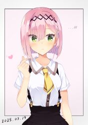 ... 1girl 2025 absurdres arm_at_side black_hairband blunt_ends bob_cut border brown_skirt closed_mouth collared_shirt commentary_request commission cowboy_shot dated eyes_visible_through_hair finger_heart frown green_eyes hair_between_eyes hairband hand_up heart highres looking_to_the_side mizuka_academy_school_uniform necktie obsidiaki outside_border pink_background pink_hair school_uniform shirt short_hair short_necktie short_sleeves simple_background skirt solo split_mouth suspender_skirt suspenders sweatdrop tanikaze_amane tenshi_souzou_re-boot! white_border white_shirt yellow_necktie