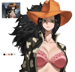 Rule 34 | 1girl, anime screenshot inset, black hair, black jacket, blue eyes, bra, breasts, cleavage, derivative work, hat, highres, jacket, kasumi 6, large breasts, long hair, nico robin, one piece, open clothes, open jacket, orange hat, pink bra, screenshot inset, screenshot redraw, simple background, solo, underwear, upper body, white background