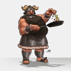 1boy beard biceps cooking dark-skinned_male dark_skin dungeon_meshi dwarf facial_hair fake_horns frying_pan full_body helmet highres holding holding_frying_pan horned_helmet horns long_beard male_focus muscular muscular_male mustache nurve26 senshi_(dungeon_meshi) shadow solo sprinkling standing thick_mustache very_long_beard