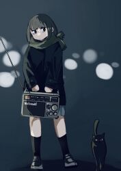1girl animal black_cat black_eyes black_hair black_jacket black_socks blue_skirt bright_pupils cat expressionless green_scarf highres holding_radio itochin_d jacket medium_hair original radio radio_antenna scarf shoes skirt socks solo standing white_pupils