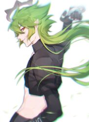1boy aotu_world black_gloves black_pants black_shirt chinese_commentary chromatic_aberration crop_top cropped_jacket floating_hair from_side gloves green_hair hair_between_eyes hair_down halo highres holding holding_weapon jacket jewelry long_hair long_sleeves looking_at_viewer male_focus midriff molang419 multiple_rings pants parted_lips pointy_ears red_eyes ring shirt simple_background smile solo weapon white_background xander_(aotu_world)