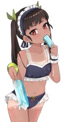 1girl absurdres bikini black_hair blue_bikini blue_hairband blush cameltoe collarbone cowboy_shot eating eyelashes female_focus flat_chest food frilled_bikini frills hachikuji_mayoi hairband hands_up highres ice_cream loli long_hair looking_at_viewer maid_headdress meemz_a monogatari_(series) multicolored_bikini naughty_face navel oral_invitation pov red_eyes simple_background solo standing swimsuit tan tanline tongue tongue_out twintails two-tone_bikini variant_set white_background white_bikini