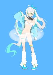 1girl ahoge alternate_costume angel_wings aqua_shoes arm_up bandaid bandaid_on_cheek bandaid_on_face bandaid_on_knee bandaid_on_leg bikini blue_background bow epinel_(nikke) frilled_bikini frills goddess_of_victory:_nikke green_bow green_eyes green_hair green_jacket hair_bow hair_ornament head-mounted_display highres holding holding_swim_ring innertube jacket jacket_over_swimsuit long_hair looking_at_viewer loose_socks multicolored_hair nnn_chisi open_clothes open_jacket pigeon-toed ponytail shoes sneakers socks solo standing star_sticker streaked_hair swim_ring swimsuit very_long_hair white_hair wing_hair_ornament winged_shoes wings