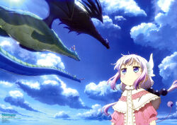 1girl absurdres artist_request blue_eyes blue_sky capelet closed_mouth cloud cloudy_sky copyright_name copyright_notice day dragon dragon_girl dragon_horns dragon_tail elma_(maidragon) expressionless fafnir_(maidragon) flying from_below gradient_hair highres horns jitome kanna_kamui kobayashi-san_chi_no_maidragon light_blush light_rays long_hair long_sleeves looking_up low_twintails magazine_scan multicolored_hair newtype official_art outdoors purple_hair scan sidelocks sky sunbeam sunlight tail tohru_(maidragon) twintails white_capelet white_hair