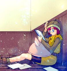 1girl akitaka_(s_asai) belt bike_shorts blue_eyes chrono_trigger feet_out_of_frame glasses helmet lucca_ashtear purple_hair revision scarf short_hair sitting solo tunic