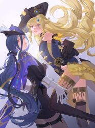 2girls armpit_crease bare_shoulders black_bow black_gloves black_hat black_pantyhose black_skirt black_thighhighs blonde_hair blue_eyes blue_flower blue_rose boots bow breasts cape clorinde_(genshin_impact) commentary cowboy_shot dress drill_hair drill_sidelocks english_commentary epaulettes flower flower_hat fold-over_gloves frilled_sleeves frills genshin_impact gloves gradient_background hair_between_eyes hair_bow hand_on_another&#039;s_leg hat hat_bow hat_feather highres knee_up light_particles long_hair long_hair_between_eyes long_sleeves looking_at_viewer looking_back multiple_girls multiple_thigh_straps navia_(genshin_impact) overskirt pantyhose parted_lips pencil_skirt ponytail purple_bow purple_cape purple_eyes purple_hair purple_hat rose sidelocks skirt small_breasts standing strapless strapless_dress sunlight taut_clothes taut_skirt teeth thigh_boots thighhighs tricorne twitter_username very_long_hair vision_(genshin_impact) white_gloves xiisalt yellow_bow
