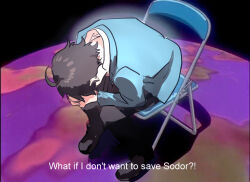 1boy ahoge artist_request black_hair black_pants black_shoes blue_jacket despair english_text humanization jacket long_sleeves male_focus meme neon_genesis_evangelion pants parody screenshot_background shinji_in_a_chair_(meme) shoes sitting solo source_request subtitled thomas_the_tank_engine thomas_the_tank_engine_(character)