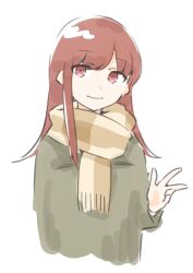 1girl akara_kai brown_eyes brown_hair brown_scarf coat green_coat highres kantai_collection long_hair looking_at_viewer multicolored_scarf ooi_(kancolle) ooi_(valentine)_(kancolle) scarf simple_background solo upper_body v white_background