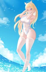 1girl absurdres blonde_hair blue_eyes blue_sky breasts cloud competition_swimsuit covered_navel day full_body goddess_of_victory:_nikke headgear highleg highleg_one-piece_swimsuit highres large_breasts long_hair looking_at_viewer one-piece_swimsuit outdoors sky solo swimsuit thighhighs tove_(nikke) white_thighhighs yomining
