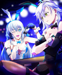 2girls ahoge animal_ear_hairband animal_ears black_bow black_bowtie black_leotard blue_bow blue_bowtie blue_eyes bow bowtie breasts card cleavage crossed_arms crossed_bangs curtained_hair detached_collar double-parted_bangs eiyuu_densetsu fake_animal_ears fie_claussell fishnet_pantyhose fishnets gloves hair_between_eyes hairband half_updo highleg highleg_leotard holding holding_card indoors kuro_no_kiseki_(series) leotard long_hair medium_breasts multiple_girls one_eye_closed pantyhose parted_bangs playboy_bunny playing_card rabbit_ears shizuna_rem_misurugi sidelocks single_glove sitting spotlight strapless strapless_leotard traditional_bowtie white_wrist_cuffs wrist_cuffs xiacheng_tatsuya yellow_eyes