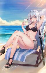 1girl absurdres beach beach_chair bikini black_bikini blue_eyes blue_sky breasts cloud cocktail_glass commentary crossed_bangs cup denim denim_shorts double-parted_bangs drinking_glass eiyuu_densetsu english_commentary glass hair_between_eyes half_updo highres holding holding_cup kai_no_kiseki katana kuro_no_kiseki_(series) large_breasts light_rays long_hair looking_at_viewer navel ocean outdoors sandals shizuna_rem_misurugi shorts sideburns signature sitting sky smile solo sunbeam sunlight swimsuit sword user_mhkh7844 weapon white_hair